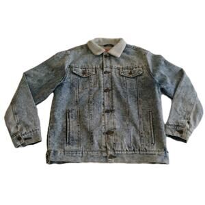 Brooklyn Cloth Men’s Jean Jacket Large Denim Sherpa Trucker Coat Light Wash Acid